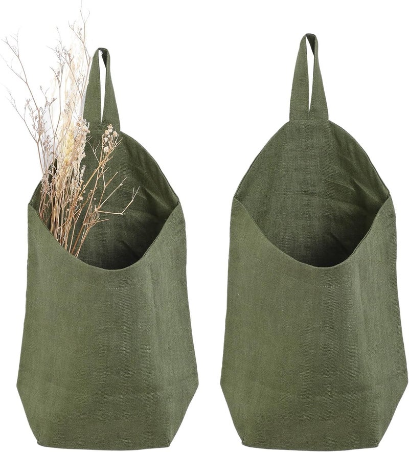 HSOFTIFY 100% Linen Hanging Storage Bags Baskets 2 Pcs, Small Wall Storage Bag for Kitchen, Bedroom, RV Camper Organizer, Sewing Room, Nursery Storage, Kids Room, Army Green - Image 1